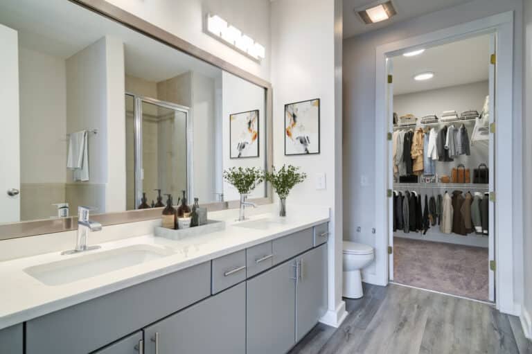 Huge walk-in closets with duel vanity sinks at our luxury apartments in Dunwoody.